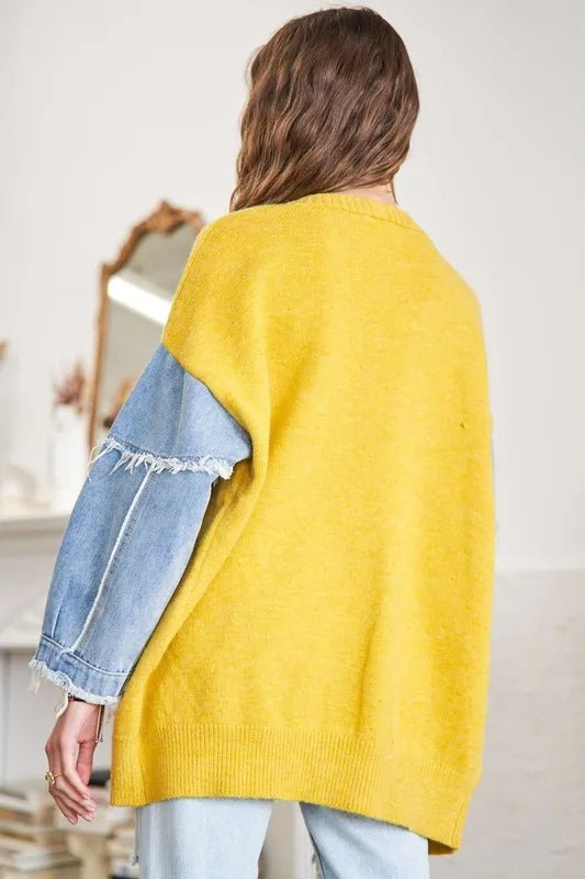 ADORA Full Size Frayed Denim Sleeve Sweater Cardigan Plus Size - Bela Fils BoutiqueBela Fils Boutique